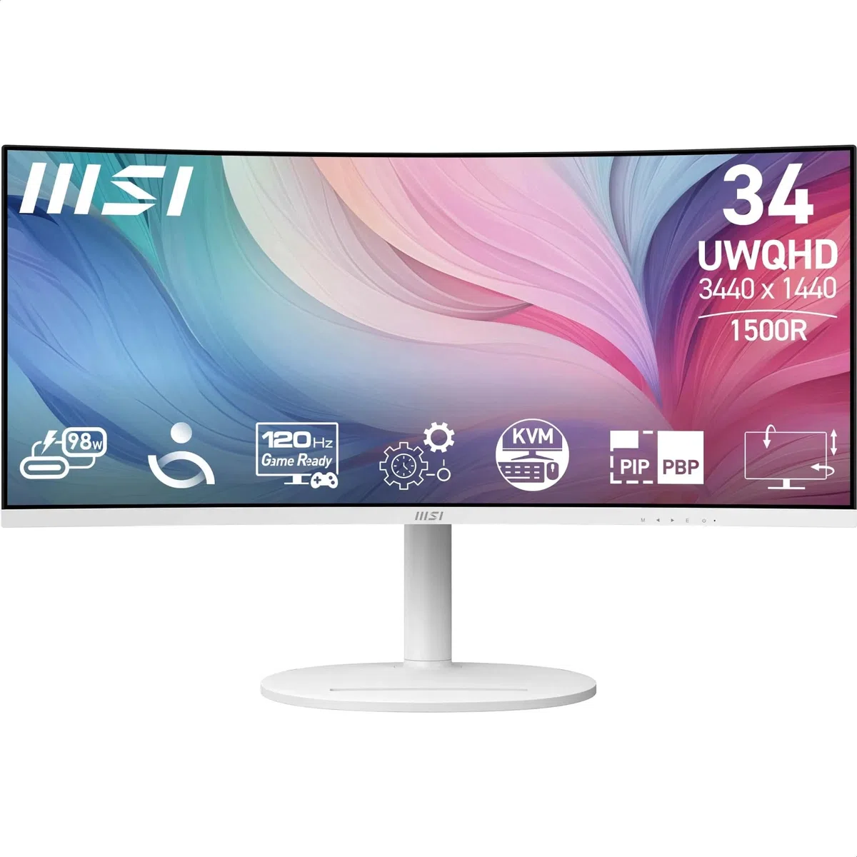 MSI Modern MD342CQPW Écran PC 34'' UWQHD incurvé 1500R - Dalle VA 3440 x 1440, 120 Hz, 1ms, KVM, PIP/PBP, Confort des Yeux, Haut-parleurs intégrés, réglable sur 3 Axes - HDMI 2.0b, DP 1.4a