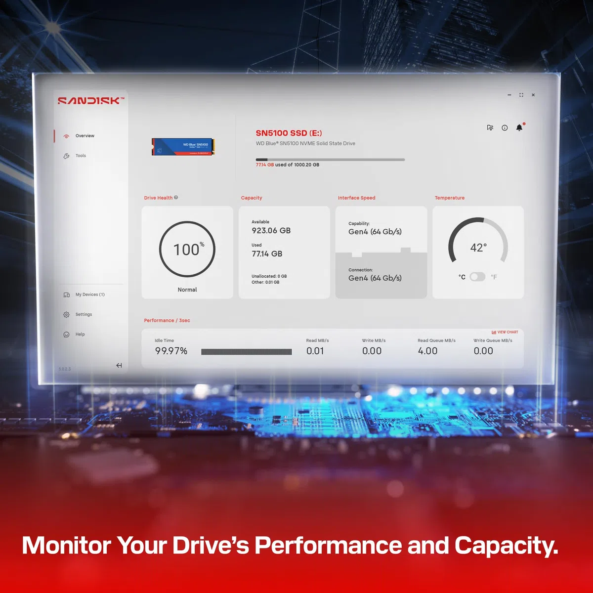 WD Blue SN5100 NVMe SSD 500 Go (Jusqu'à 6 600 Mo/s en lecture, M.2 2280, PCIe Gen 4.0, nCache 4.0,Technologie SANDISK 3D CBA NAND, Acronis True Image Clonage de disque et migration) POWERED BY SANDISK