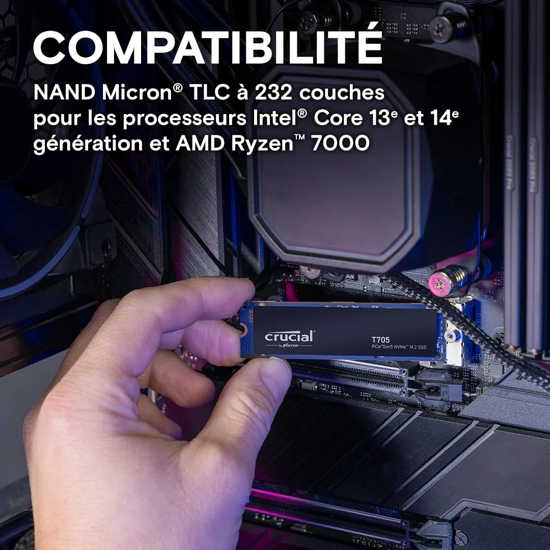 Crucial T705 SSD 1To PCIe Gen5 NVMe M.2 SSD Interne Gaming (Nouveau 2024), Jusqu’à 13.600Mo/s, Microsoft DirectStorage, Rétrocompatibilité PCIe 3.0 et 4.0, Disque Dur SSD - CT1000T705SSD3