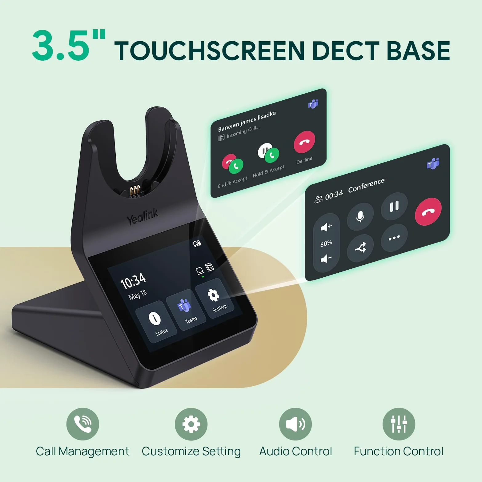 Yealink Casque sans Fil WH64 Pro DECT et Bluetooth, écran Tactile 3,5", Compatible Teams, UC et Zoom, Double oreillette, portée de 185 m, autonomie en Conversation de 32 Heures