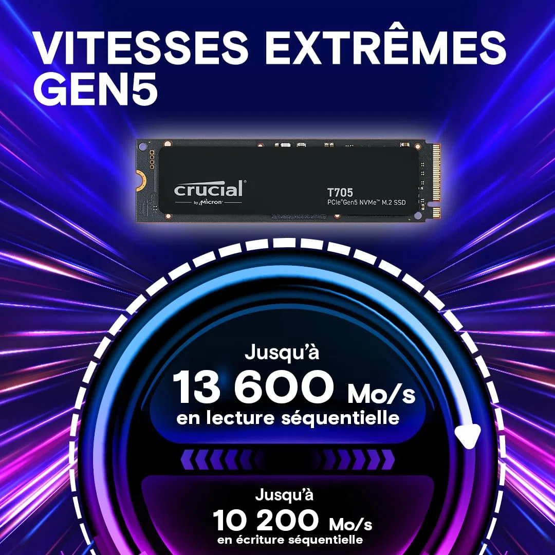 Crucial T705 SSD 1To PCIe Gen5 NVMe M.2 SSD Interne Gaming (Nouveau 2024), Jusqu’à 13.600Mo/s, Microsoft DirectStorage, Rétrocompatibilité PCIe 3.0 et 4.0, Disque Dur SSD - CT1000T705SSD3