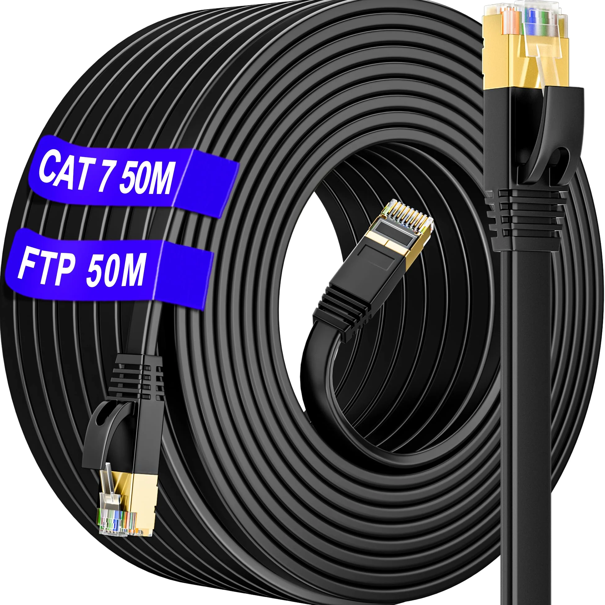Cable Ethernet 50m Cat 7, Câble RJ45 50m Blindé à l'extérieur Intérieur Utiliser imperméable, Haute Vitesse Câble Réseau LAN S/FTP-10Gbit/s 600MHz, Cat7 Anti-interférence pour Routeur PC(50 Clips)