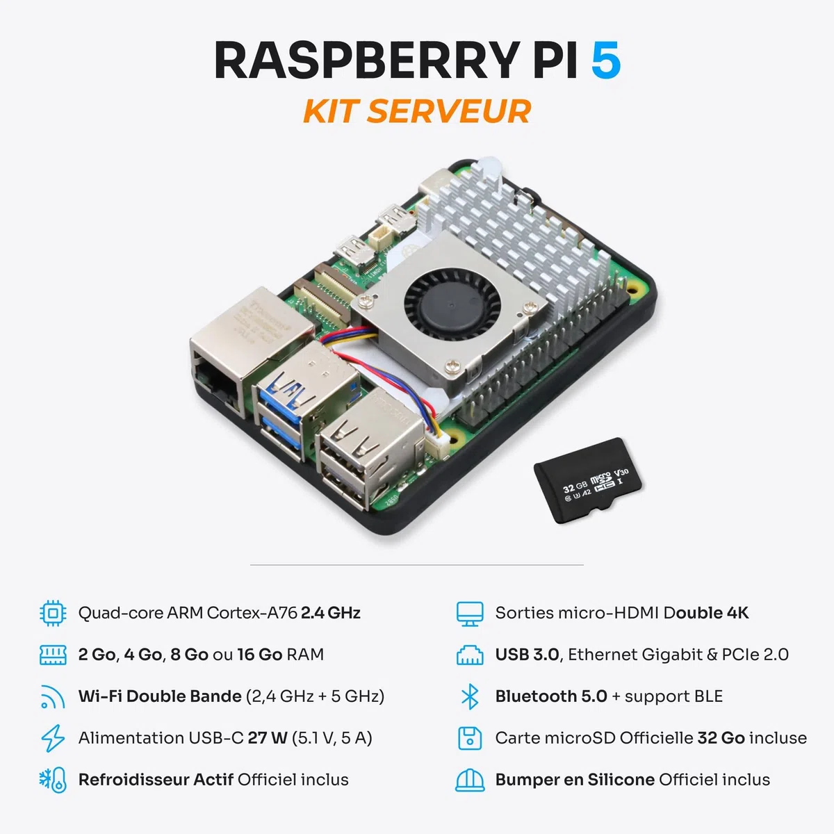 Starter Kit pour Raspberry Pi 5 2 Go - Édition Serveur | Carte MicroSD 32 Go | Alimentation 27 W | Active Cooler | Bumper en Silicone
