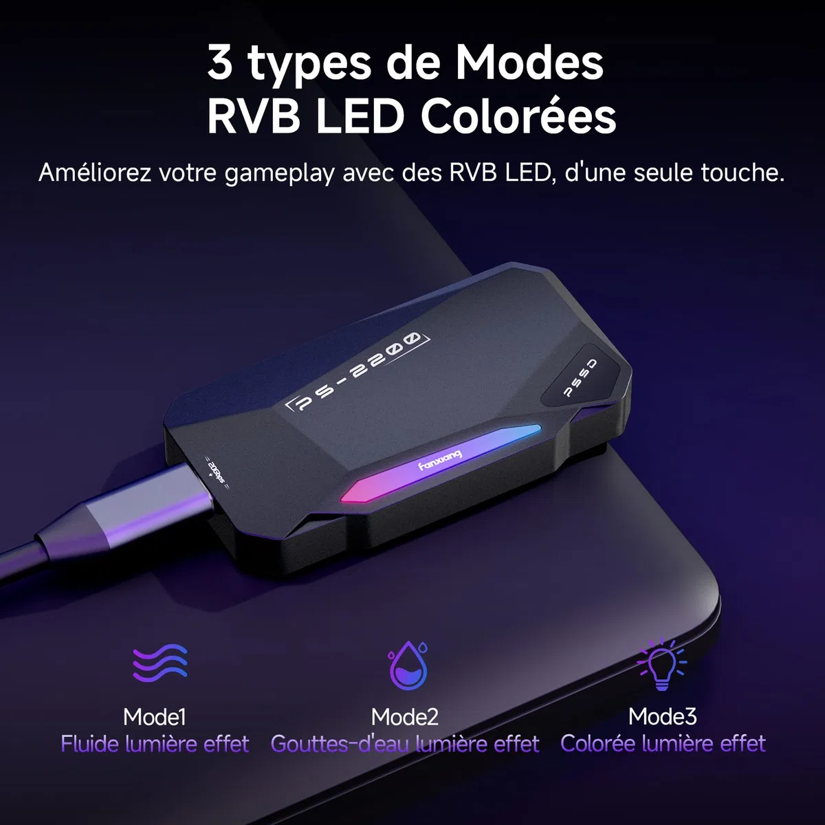 fanxiang 2To SSD Externe Magnétique, Jusqu'à 2050Mo/s, USB 3.2 Gen2 USB-C, SSD Portable avec RGB LEDs, 4K ProRes HDR, Disque Dur Mémoire Externe pour iPhone15/16, Android/PC/Mac-PS2200