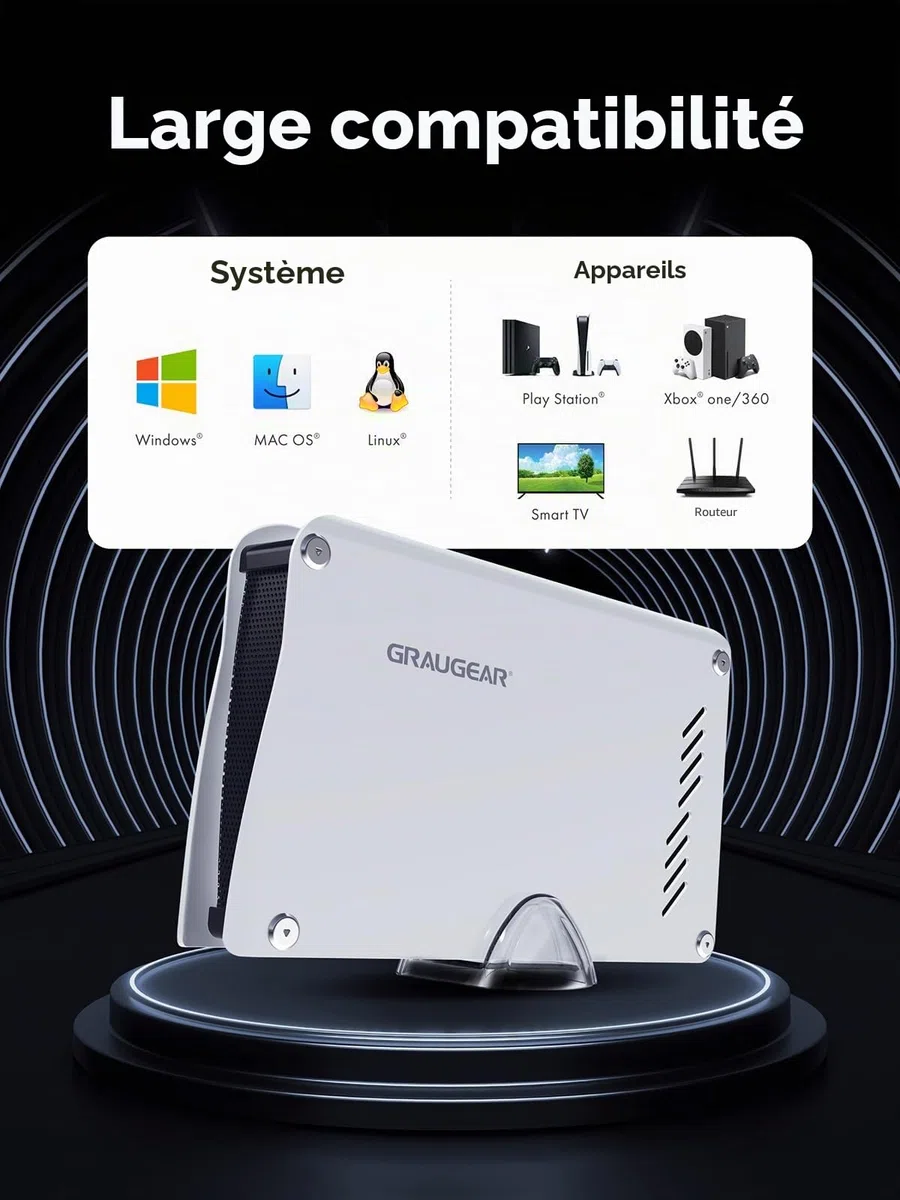 GRAUGEAR Disque Dur Externe 4TB - Compatible PS5/PS4, Haute Vitesse USB 3.2, Boîtier Durable en Aluminium, avec Câbles USB-C et USB-A