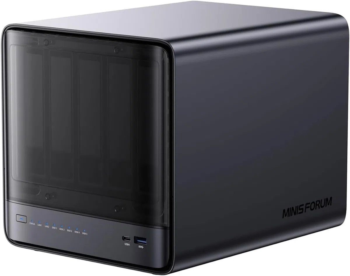 MINIS FORUM N5 Air 5 Baies NAS, AMD Ryzen 7 255, 8C/16T CPU, Radeon 780M, SSD 64 Go, 3 x M.2 NVMe, 10GbE + 5GbE, Ports OCuLink et USB4, Emplacement d'extension PCIe x16 (sans Disque Dur)