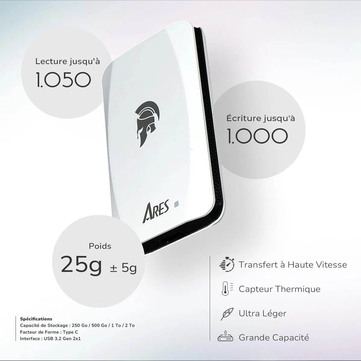 DATO SSD Externe 2 to, USB 3.2 Gen 2x1, Jusqu’à 1050/1000 Mo/s, Type C - ARES Torch Série