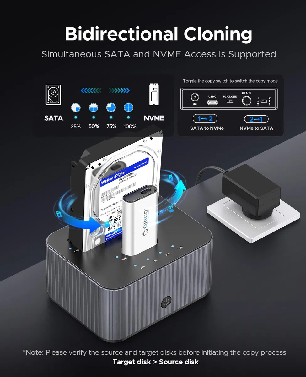 ORICO 10Gbps Station d'accueil pour Disque Dur SATA 2,5"/3,5" Pouces et M.2 NVMe SSD avec clonage Hors Ligne, avec Boîtier à Dissipateur Thermique en Aluminium (IT28E-C)