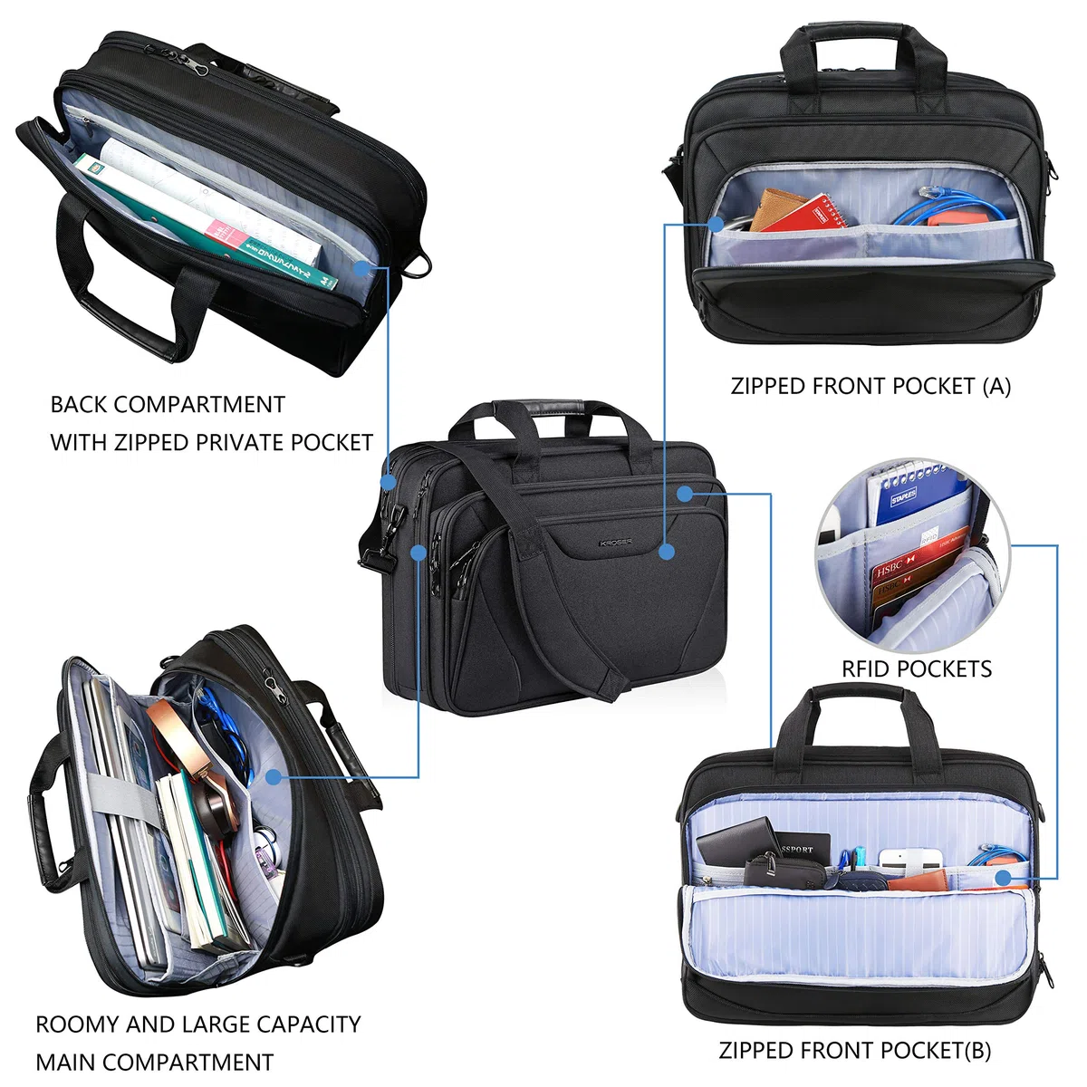 KROSER 18" Sac à main Sacoche pour Ordinateur Portable Jusqu'à 17,3" Imperméable Sacoche Extensible Porte-Documents à Bandoulière pour Voyage/Affaires/École/Homme/Femme Laptop Bag