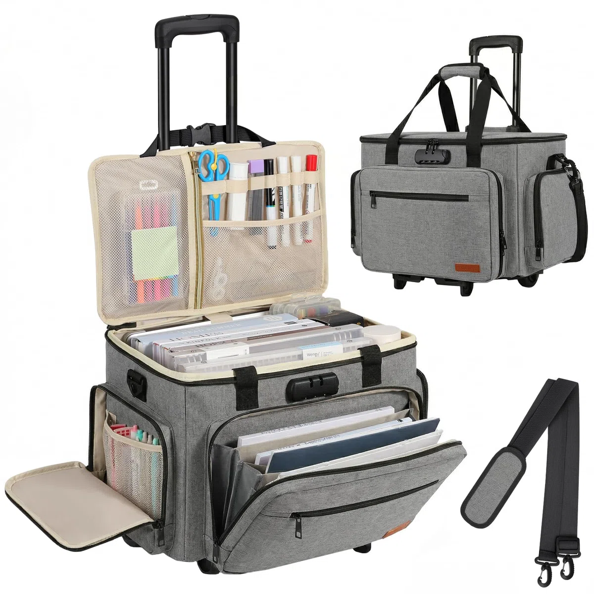 Housolution Sac à roulettes pour Enseignants Tote avec Chariot Démontable, Etui à roulettes pour Ordinateur, Mallette avec Organiseur de Fichiers Accordéon, Compatible avec 15,6'', Gris