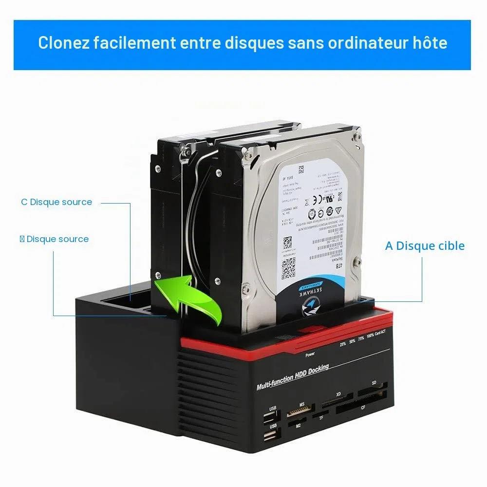 Station d’Accueil à 3 emplacements pour Disque Dur HDD 2,5’’/3,5’’, IDE/SATA, avec lecteurs de Cartes et Fonction Clone intégrés