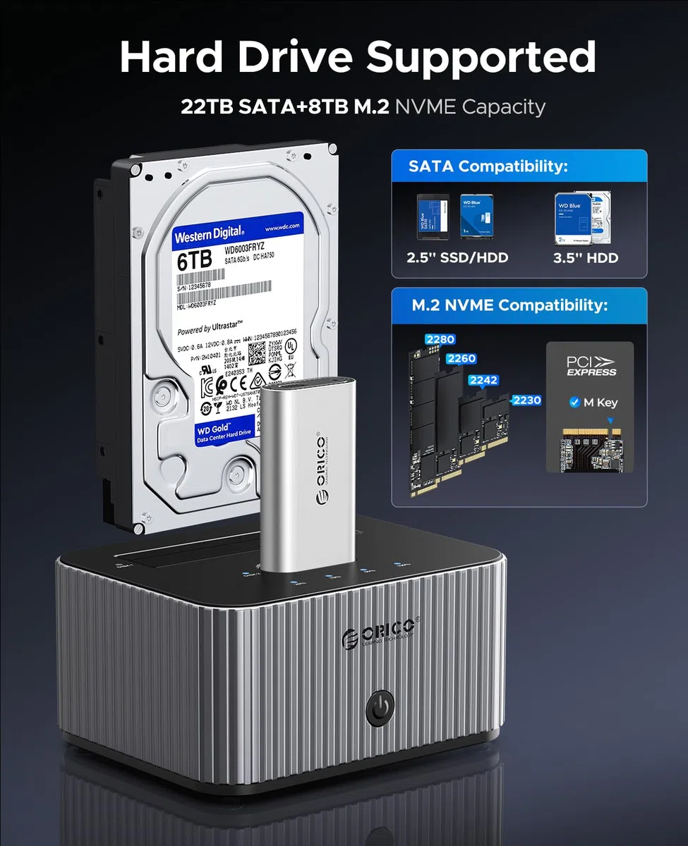 ORICO 10Gbps Station d'accueil pour Disque Dur SATA 2,5"/3,5" Pouces et M.2 NVMe SSD avec clonage Hors Ligne, avec Boîtier à Dissipateur Thermique en Aluminium (IT28E-C)