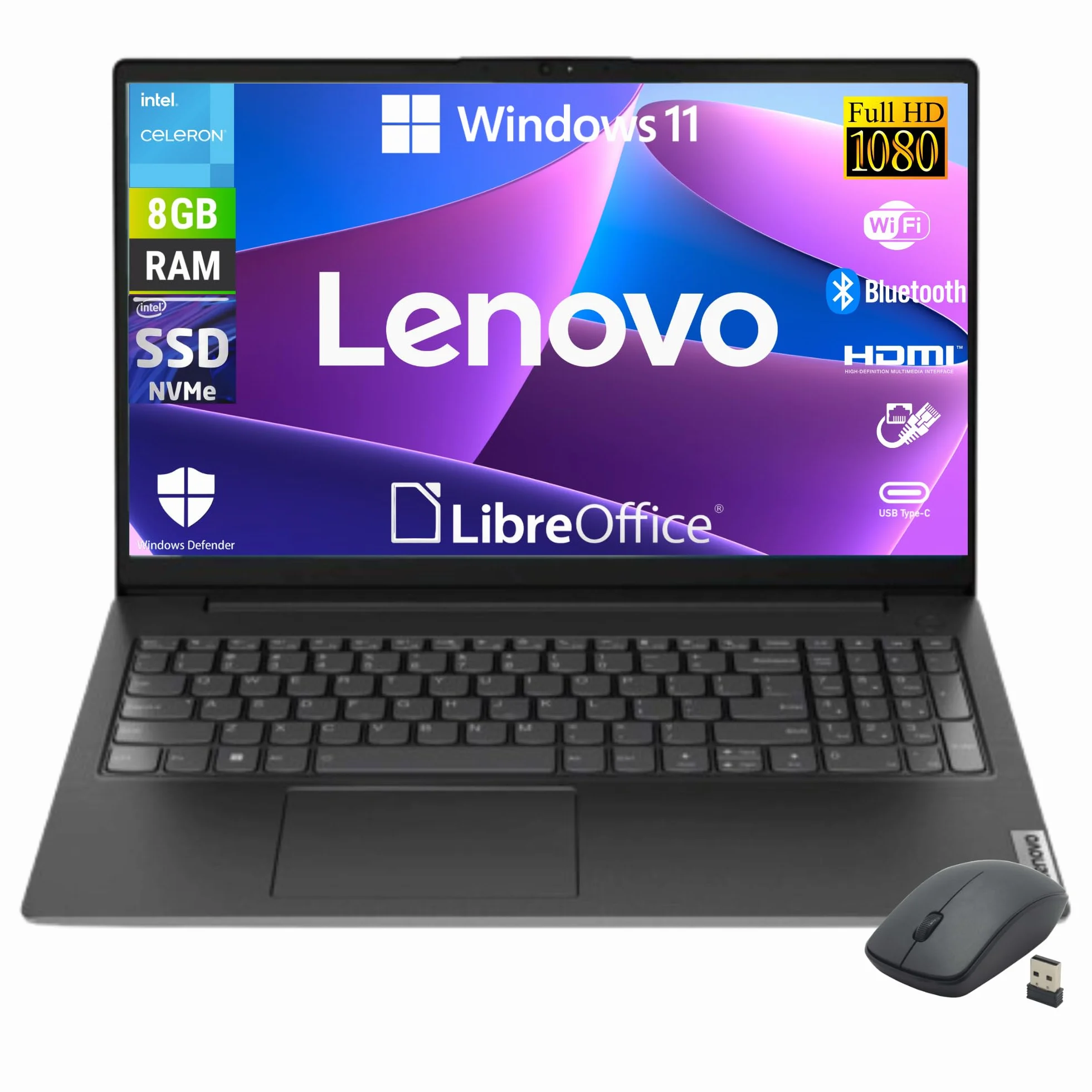 Lenovo - Ordinateur portable avec écran de 15,6 pouces Full HD, Intel N4500 2 cœurs jusqu'à 2,8 GHz, RAM 8 Go DDR4, 256 Go SSD NVMe, Win 11 Pro, prêt à l'emploi avec Libre Office + souris