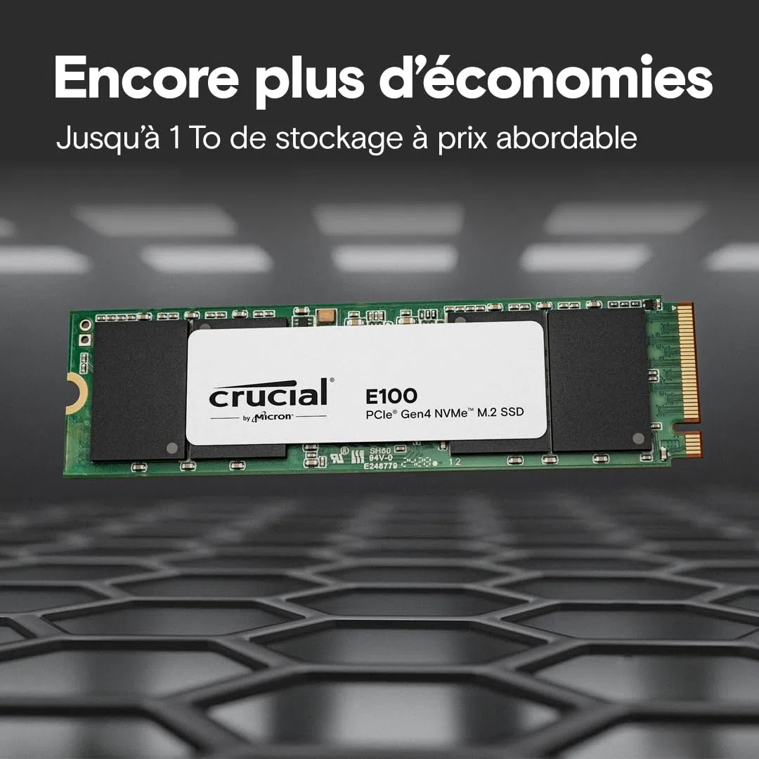 Crucial E100 1To PCIe Gen4 NVMe M.2 SSD Interne, Jusqu’à 5000 Mo/s, Compatible avec Ordinateur Portable et de Bureau - CT1000E100SSD8