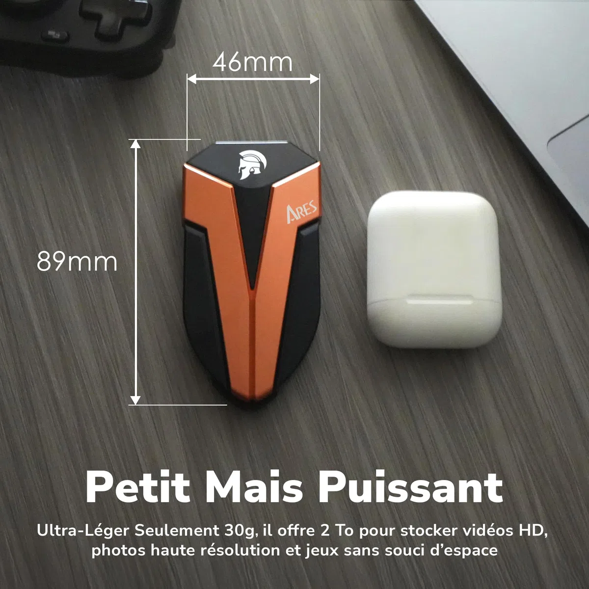 DATO SSD Externe 2 to, USB 3.2 Gen 2x2 Jusqu’à 1600/1500 Mo/s, Type C OTG Résistance à la poussière et à l'eau classée IP67, Compatible avec PS5 & Xbox - ARES Amber Shield Série
