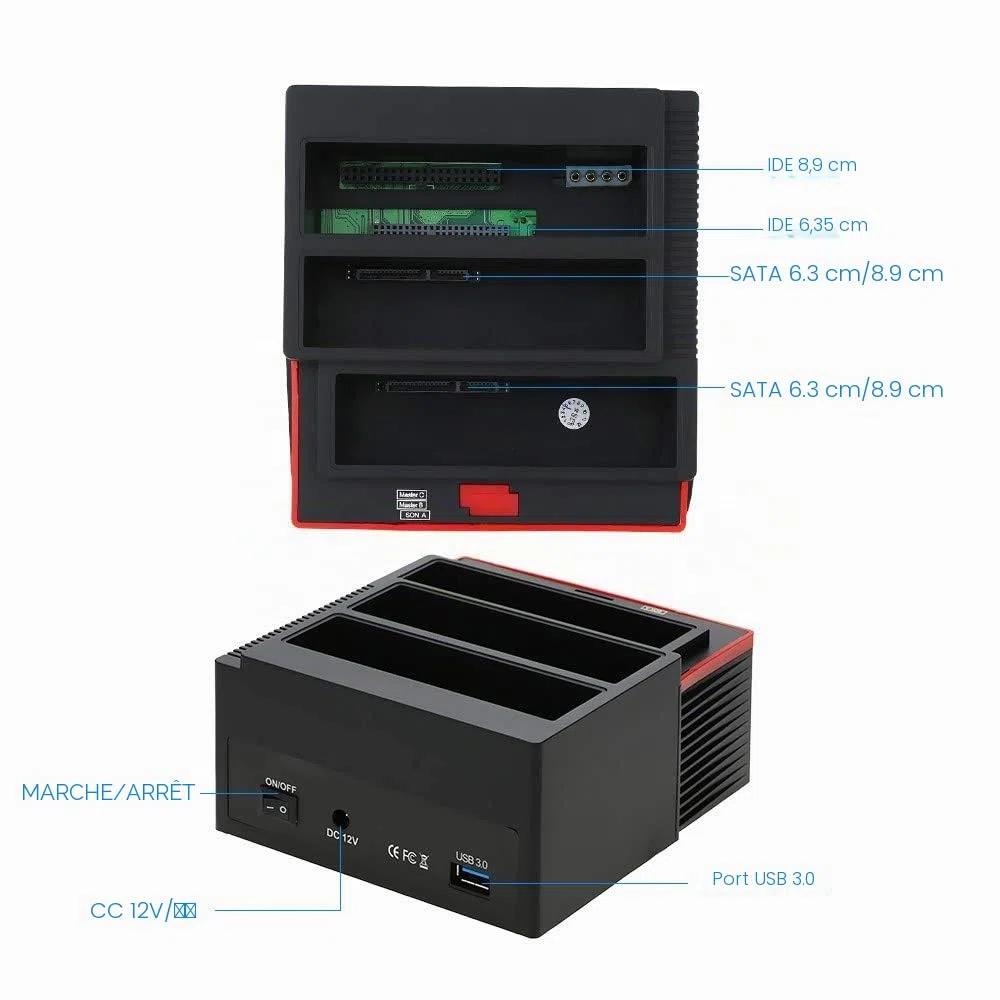Station d’Accueil à 3 emplacements pour Disque Dur HDD 2,5’’/3,5’’, IDE/SATA, avec lecteurs de Cartes et Fonction Clone intégrés
