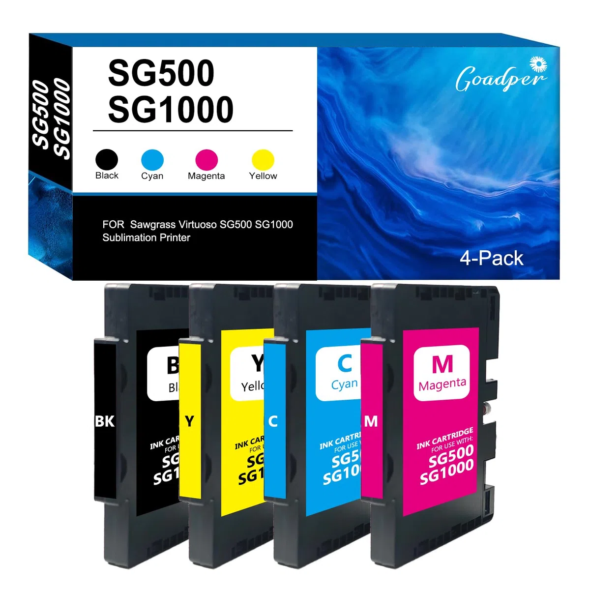 SG500 SG1000 Cartouche d'encre Compatible pour Sublimation Cartouche SG500 SG1000 pour Sawgrass Virtuoso SG500 SG1000 Sublimation Printer (Noir,Magenta,Cyan,Jaune)
