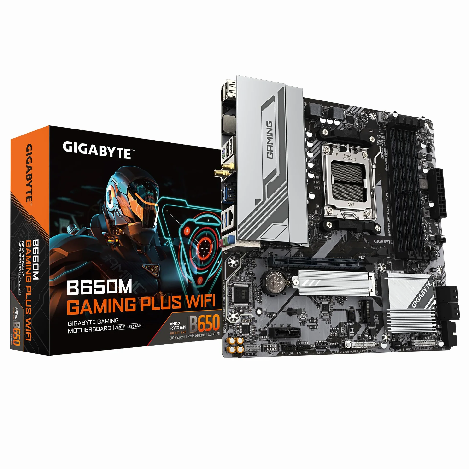 GIGABYTE B650M Gaming Plus WiFi Carte mère - Processeurs AMD Ryzen 9000, VRM 5+2+2 Phases, jusqu'à 8000 MHz DDR5, 2xPCIe 4.0 M.2, LAN 2.5GbE, WiFi 6E, USB 3.2 Gen 1