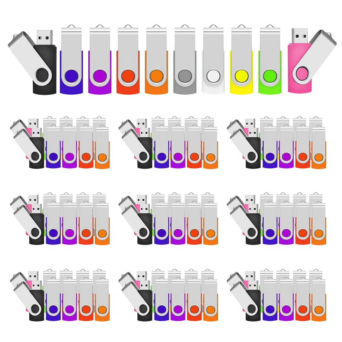 Lot de 100 Clé USB 2Go Cle USB 2.0 Flash Drive Cles USB Pivotant Mémoire Sticks U Disque pour PC Ordinateur Portable(10 Couleurs)(2GB*100PCS)