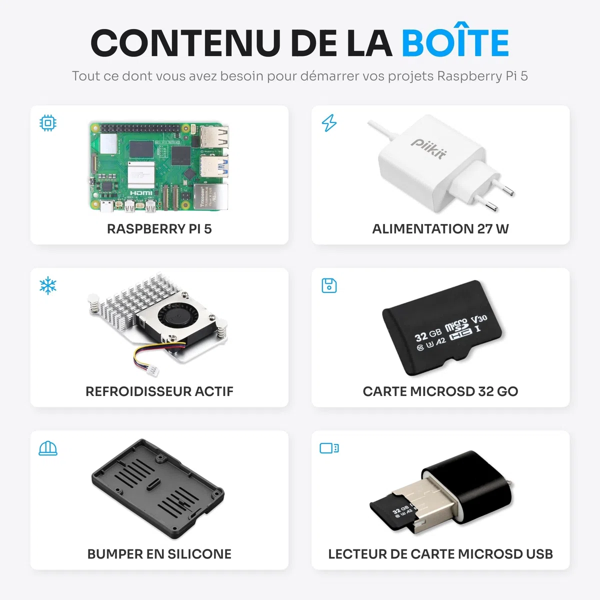Starter Kit pour Raspberry Pi 5 2 Go - Édition Serveur | Carte MicroSD 32 Go | Alimentation 27 W | Active Cooler | Bumper en Silicone