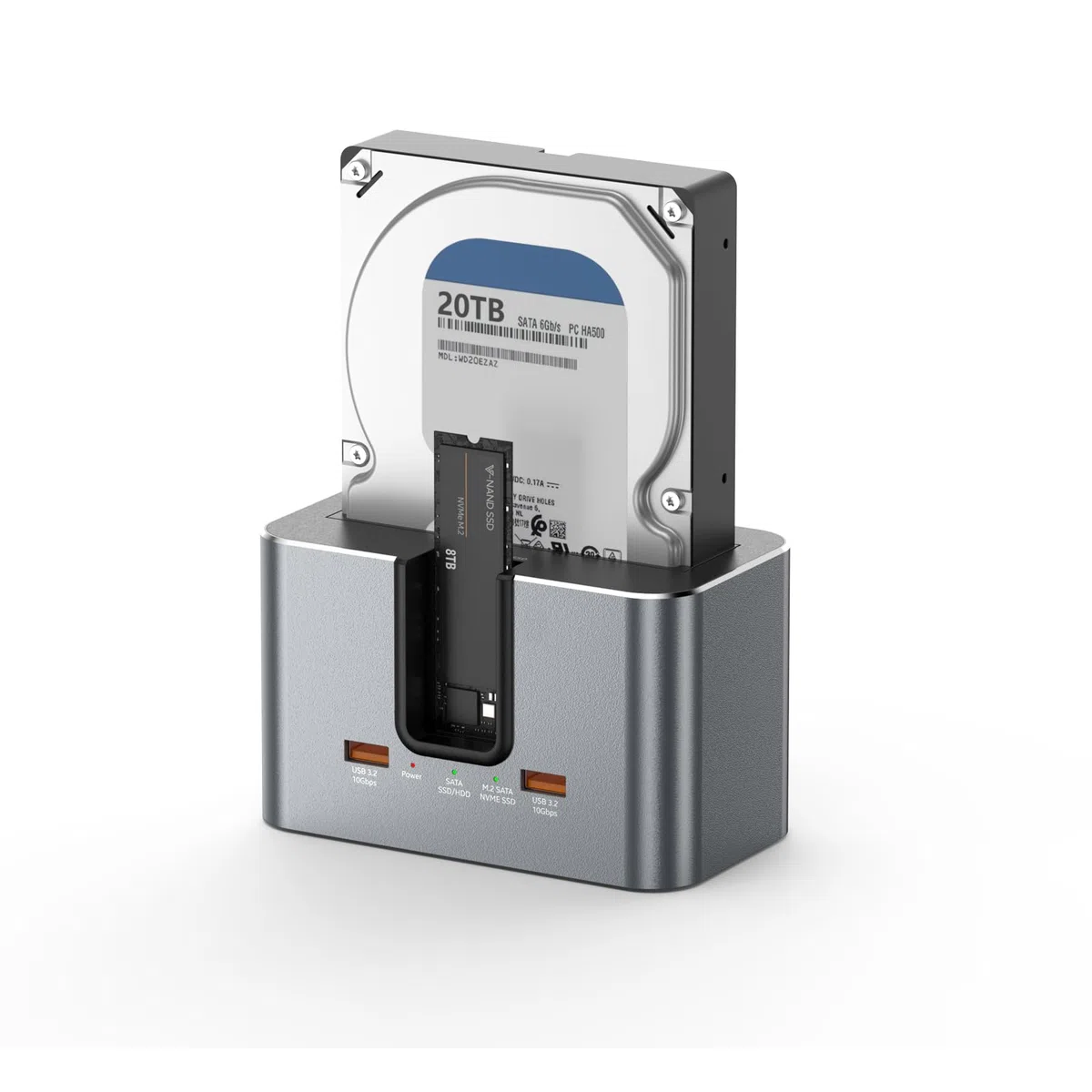 Station d'accueil pour Disque Dur, Station d'accueil USB 3.2 10 Gbps, boîtier SSD Externe en Aluminium à Double Baie USB C pour lecteurs M.2 NVMe/SATA et SSD/HDD SATA 2,5''/3,5''