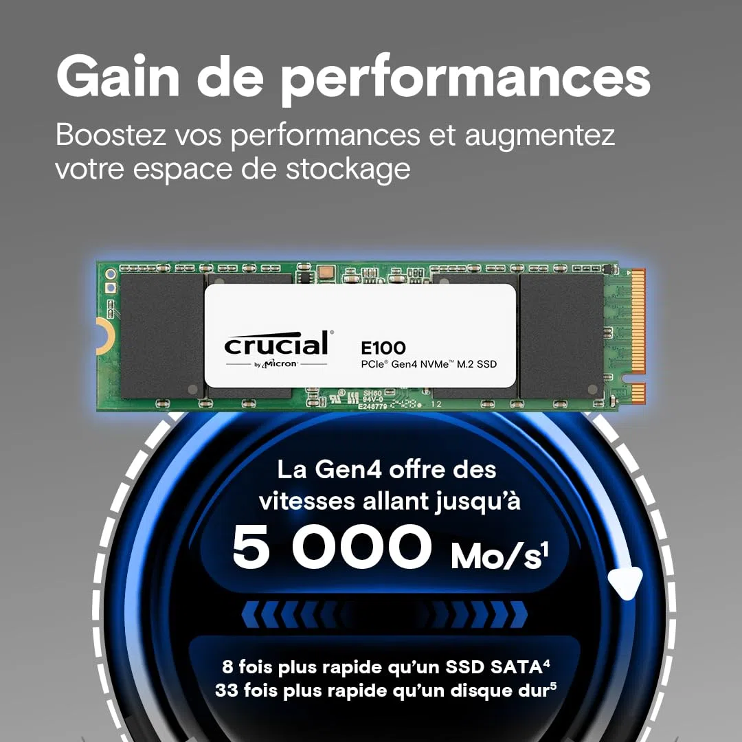 Crucial E100 1To PCIe Gen4 NVMe M.2 SSD Interne, Jusqu’à 5000 Mo/s, Compatible avec Ordinateur Portable et de Bureau - CT1000E100SSD8