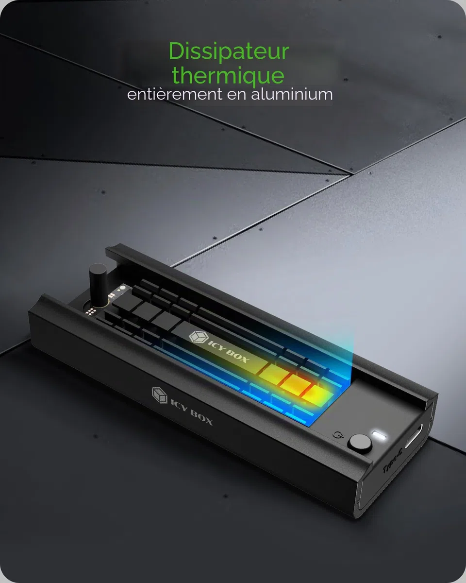 ICY Box Station d'accueil pour SSD M.2 NVMe et SATA, Adaptateur M.2 USB, USB 3.2 (Gen2, 10 Gbit/s), système de Refroidissement, sans Outils, USB-C, USB-A, PCIe M-Key, en Aluminium, IB-180MC-C31