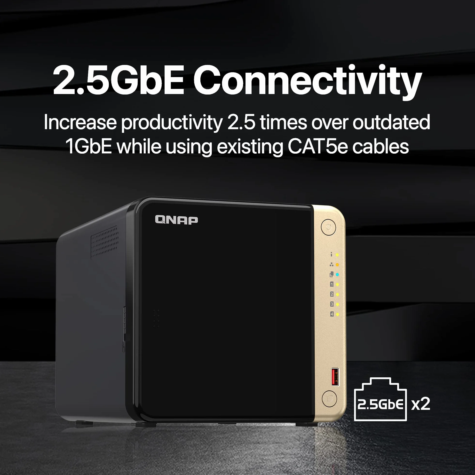 QNAP TS-464-8G-US NAS de Bureau Haute Performance à 4 Baies avec processeur Intel Celeron Quad-Core, emplacements M.2 PCIe et connectivité réseau Double 2,5 GbE (2,5 G/1 G/100 M) (sans Disque)