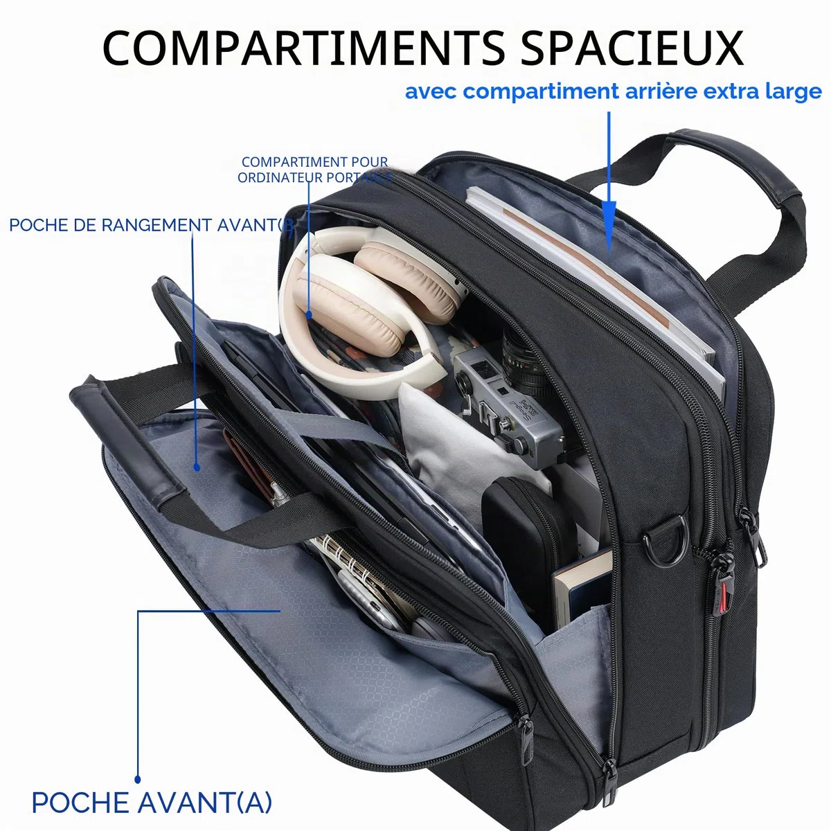 VANKEAN Mallette pour Ordinateur Portable pour Homme Femme, Convient Jusqu'à 17,3 Pouces pour Extensible de Supérieure pour Sac à Bandoulière Hydrofuge pour Voyage/Affaires/École,Noir