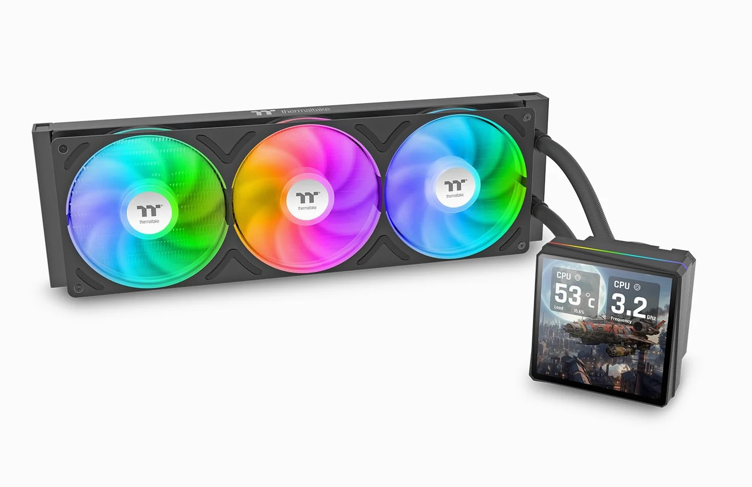 Thermaltake TH360 V3 Ultra ARGB | Refroidissement liquide AIO | Écran LCD TFT 3,95" | Pompe rotative | Ventilateur à cadre unique | Noir