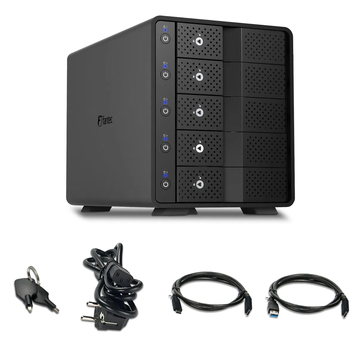 FANTEC 5X USB3.2 Gen2 10G Hard Disk Docking Station for 5X SATA 3.5/2.5 inch SSDs and HDDs. Transfer Rates up to 10Gbit/Sec, no Tools Required, USB HUB, 2X USB Cable. Aluminum housing Black