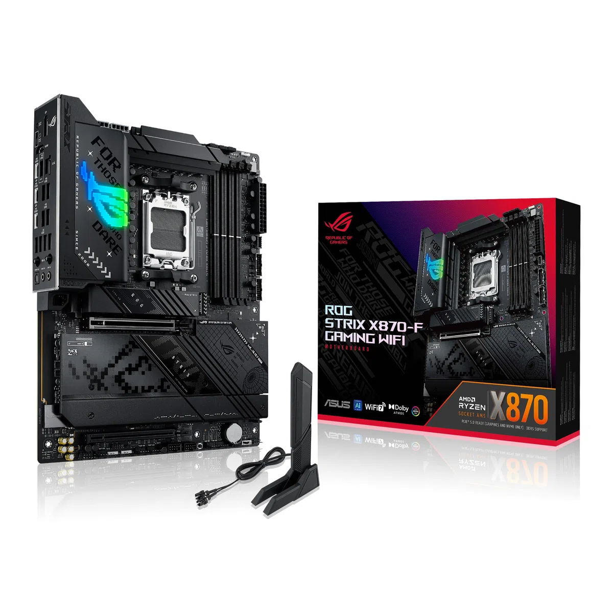 ASUS ROG Strix X870-F Gaming WiFi – Carte mère Gaming AMD Ryzen AM5 X870 ATX (DDR5, 16+2+2 DrMOS, 4 x M.2, PCIe 5.0, WiFi 7, USB4 Type-C, USB 10G avec PD 3.0 jusqu'à 30W, Aura Sync RGB)