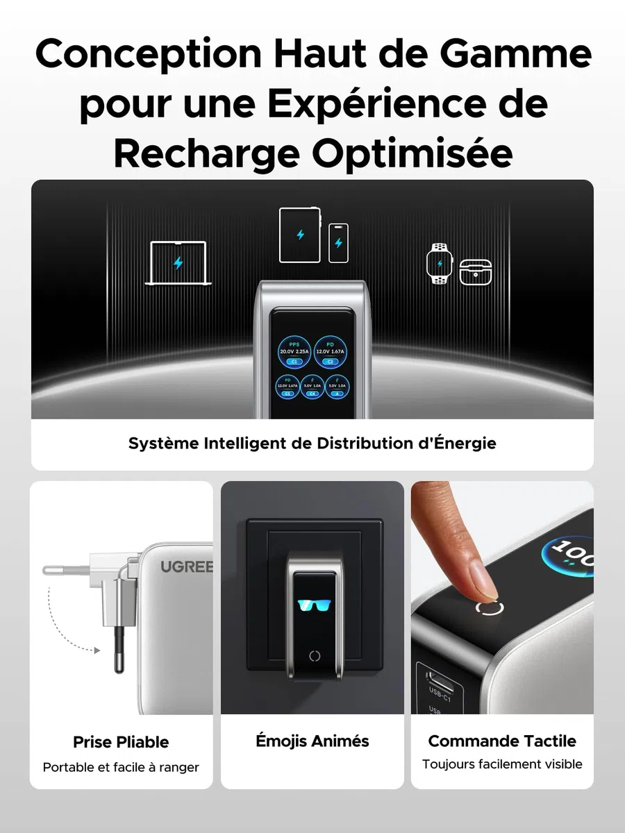 UGREEN Nexode Pro 100W Chargeur USB C Rapide 5 Ports avec Écran TFT GaN II Tech Compatible avec iPhone 17 Pro Max Air 16 15 14 13 12 Galaxy S26 S25 S24 Pixel 10 9 iPad MacBook Neo Air M5 M4 M3 M2 M1