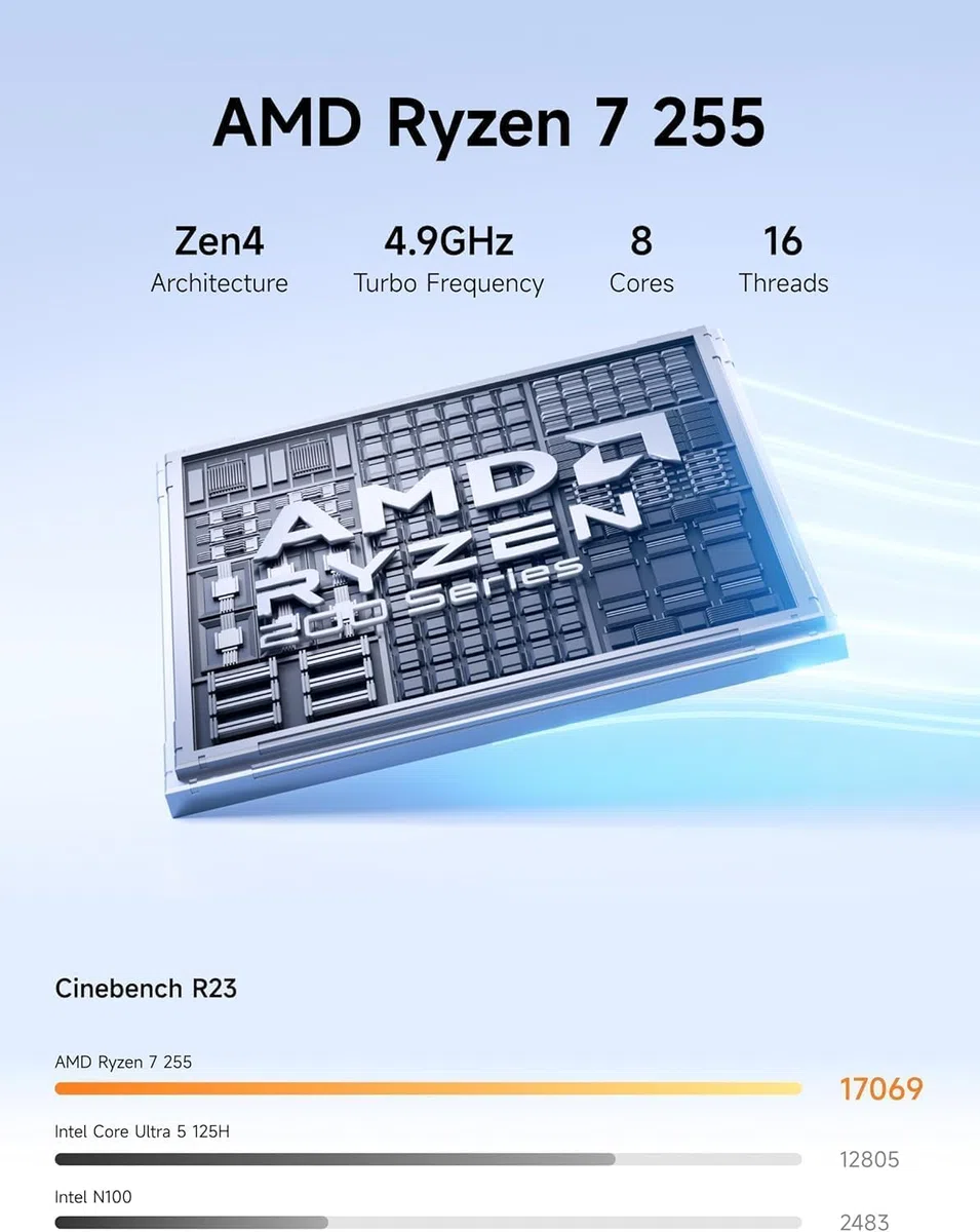 MINIS FORUM N5 Air 5 Baies NAS, AMD Ryzen 7 255, 8C/16T CPU, Radeon 780M, SSD 64 Go, 3 x M.2 NVMe, 10GbE + 5GbE, Ports OCuLink et USB4, Emplacement d'extension PCIe x16 (sans Disque Dur)