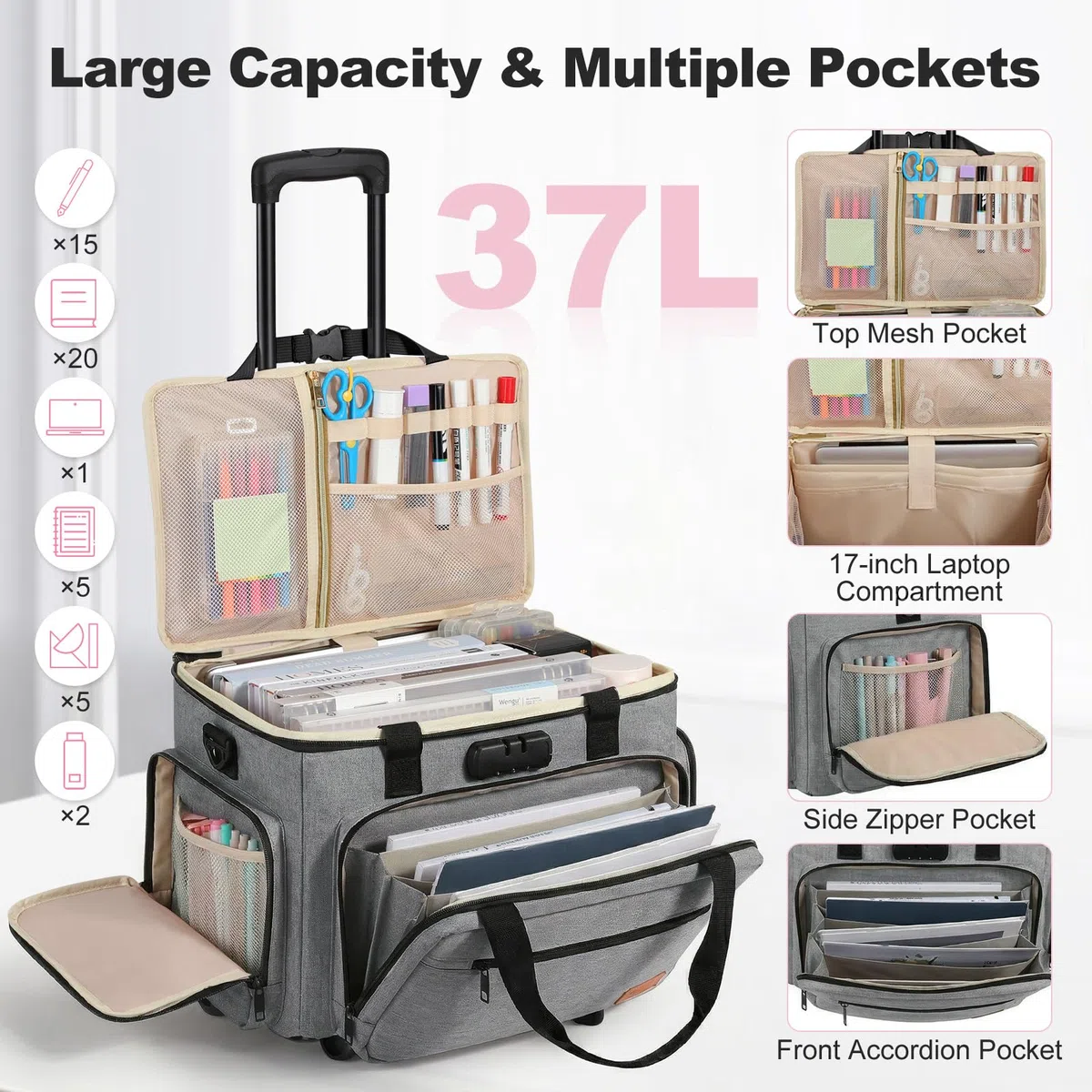 Housolution Sac à roulettes pour Enseignants Tote avec Chariot Démontable, Etui à roulettes pour Ordinateur, Mallette avec Organiseur de Fichiers Accordéon, Compatible avec 15,6'', Gris