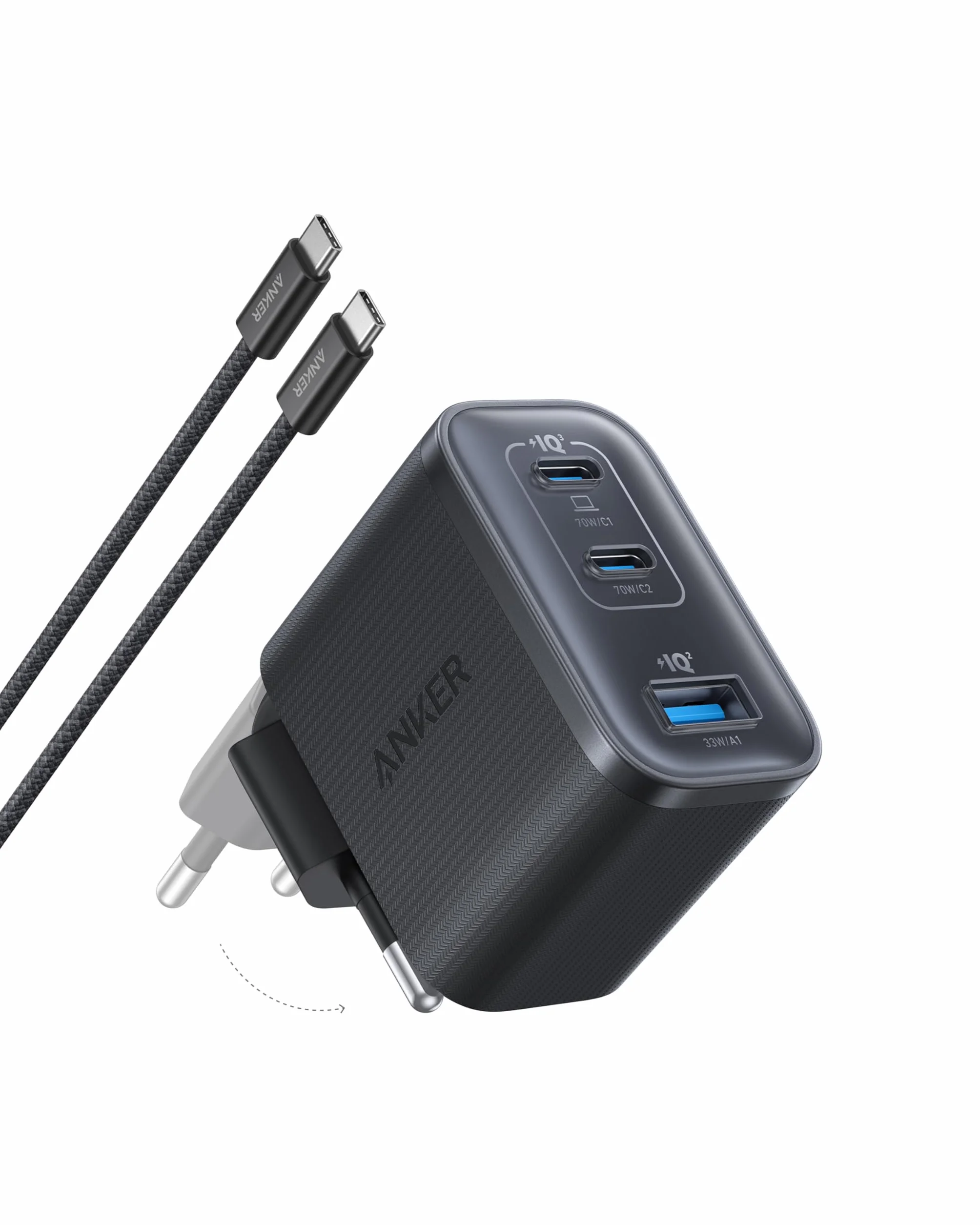 Anker Chargeur USB C 70W Nano 3 Ports, Recharge Rapide Ordinateur Portable avec Sortie UltraFast, Compact et Élégant, pour iPhone 17 16 15, MacBook Air, iPad, Pixel, Galaxy, et Autres (Câble Inclus)