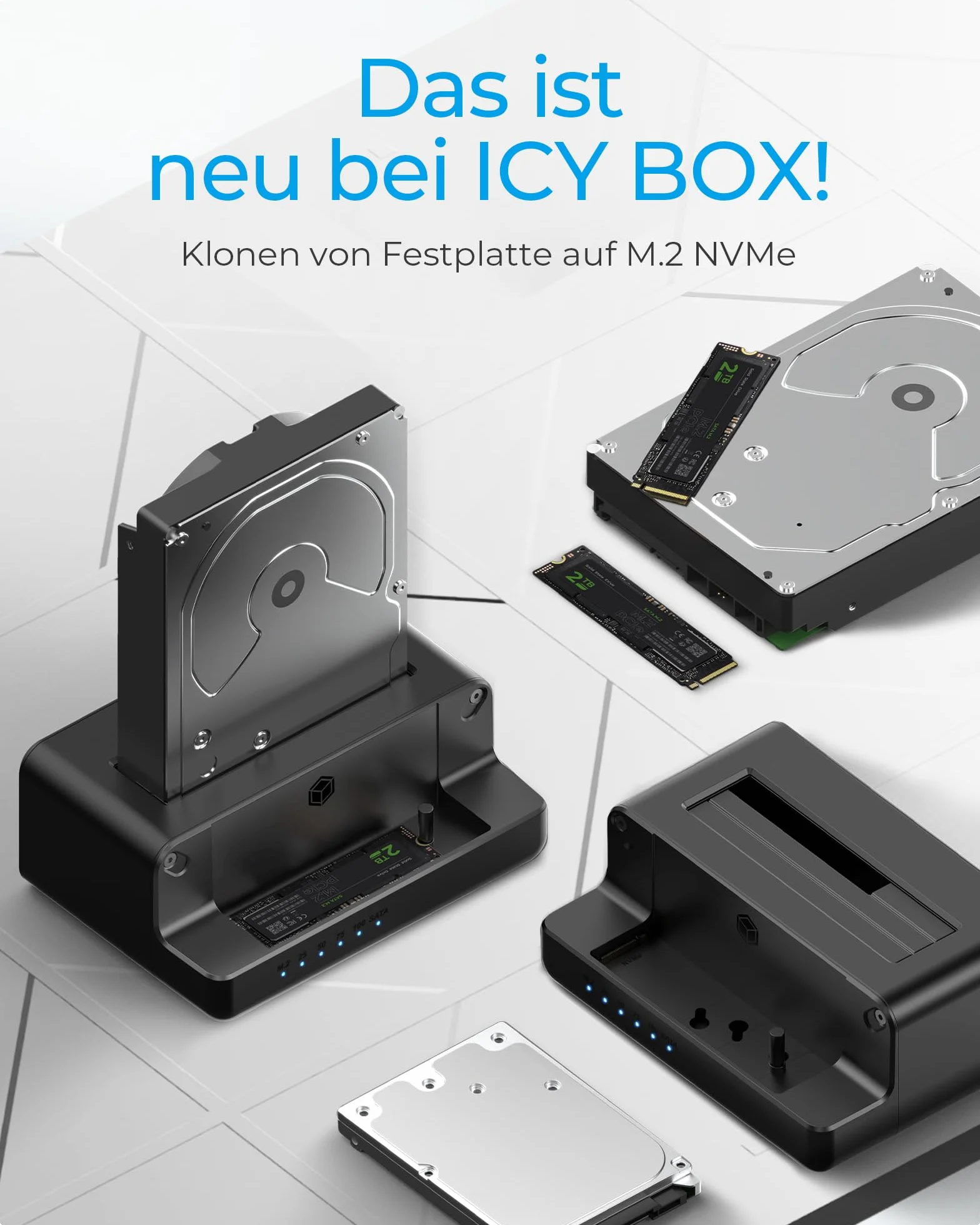 ICY BOX HDD / M.2 NVMe SSD Docking Station USB 3.2 Gen 2 (10 Gbit/s), Station de clonage de disques durs & lecteur (SATA 2,5/ 3,5 pouces & M.2 NVMe), Externe, Adaptateur, USB-C, USB-A, IB-2914MSCL-C31