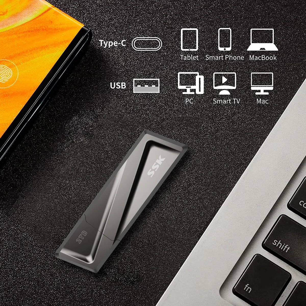 SSK SSD USB3.2 Gen2 de 2 to, jusqu'à 550 Mo/s en Lecture et 500 Mo/s en écriture Disque SSD Externe Portable + Adaptateur USB C pour Smartphone, Ordinateur Portable, tablettes et Plus Encore