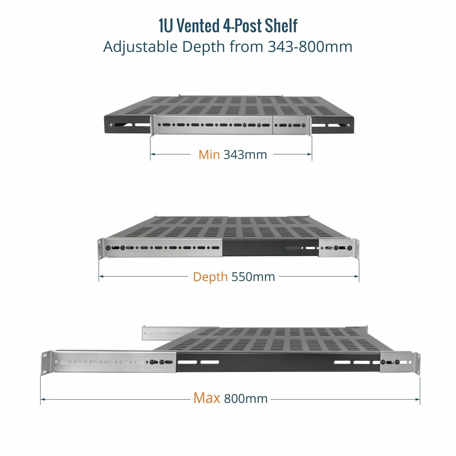 Tecmojo 19 Pouces 1U Étagère, Profondeur 550mm, Profondeur Réglable de 343mm à 800mm, à Encastrer, Étagère de Rack Serveur Ventilée et Réglable, Charge Admissible 110kg, Noir