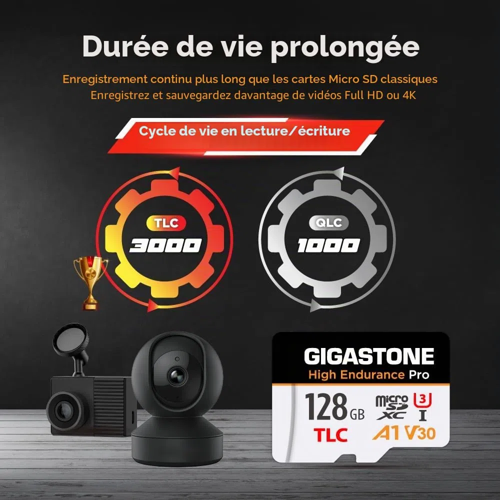 [Récupération de données Gratuite de 5 Ans] GIGASTONE Carte Micro SD 128 Go, Haute Endurance Pro Series Vitesse jusqu'à 100 Mo/s, Compatible avec Rove Viofo Vantrue, Camera embarquée