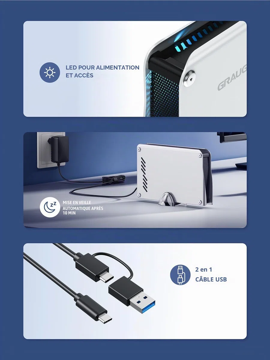 GRAUGEAR Disque Dur Externe 4TB - Compatible PS5/PS4, Haute Vitesse USB 3.2, Boîtier Durable en Aluminium, avec Câbles USB-C et USB-A