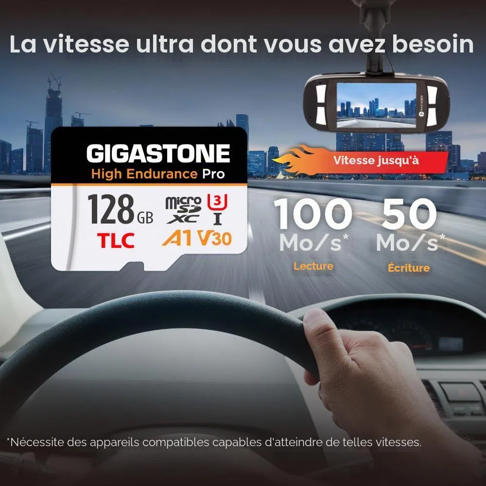 [Récupération de données Gratuite de 5 Ans] GIGASTONE Carte Micro SD 128 Go, Haute Endurance Pro Series Vitesse jusqu'à 100 Mo/s, Compatible avec Rove Viofo Vantrue, Camera embarquée