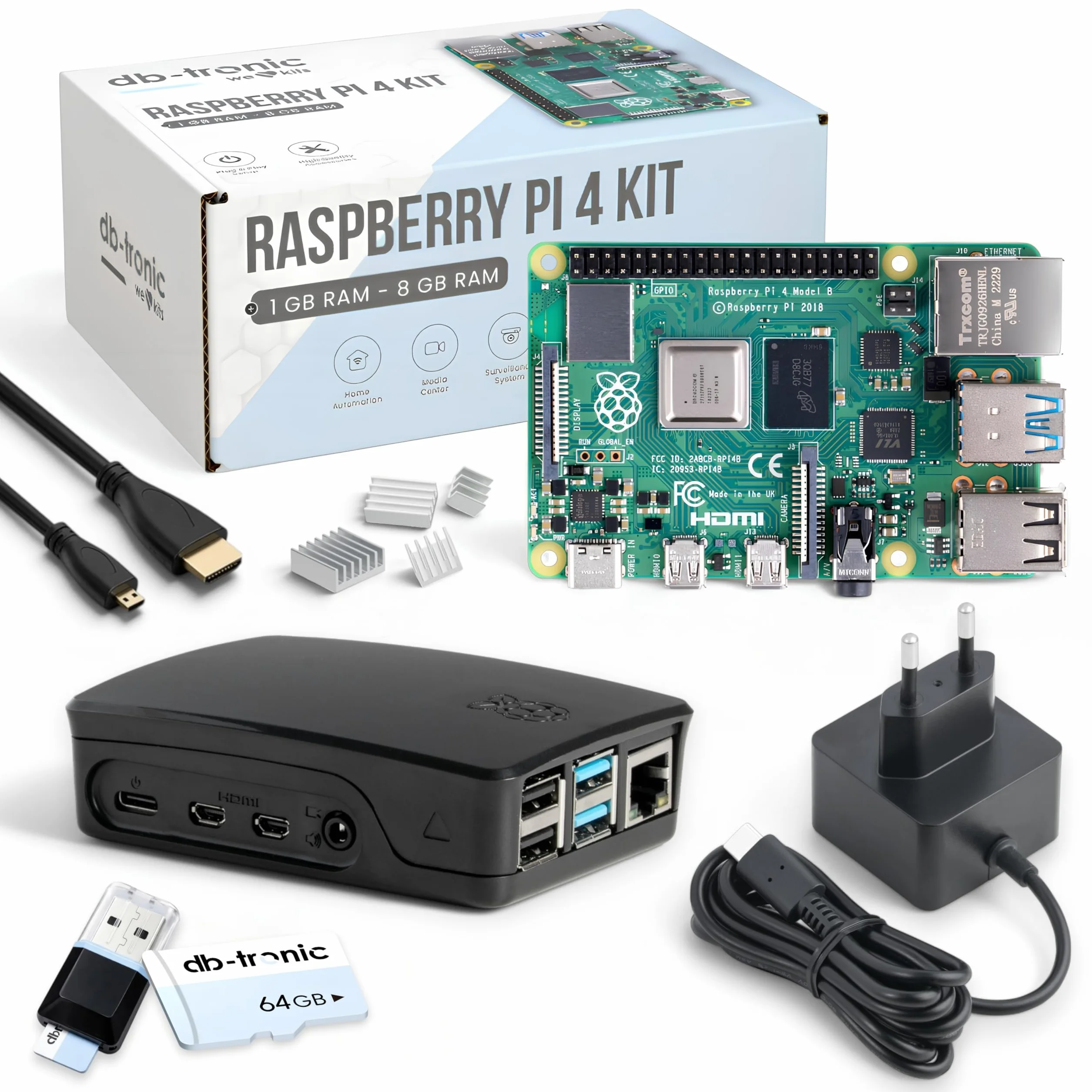 db-tronic Raspberry Pi 4 2 Go Starter Kit | Édition Noire 64 Go | Alimentation 15 W | Boîtier Noir | Micro HDMI 4K | Dissipateurs | idéal pour Home Assistant et Le Smart Home