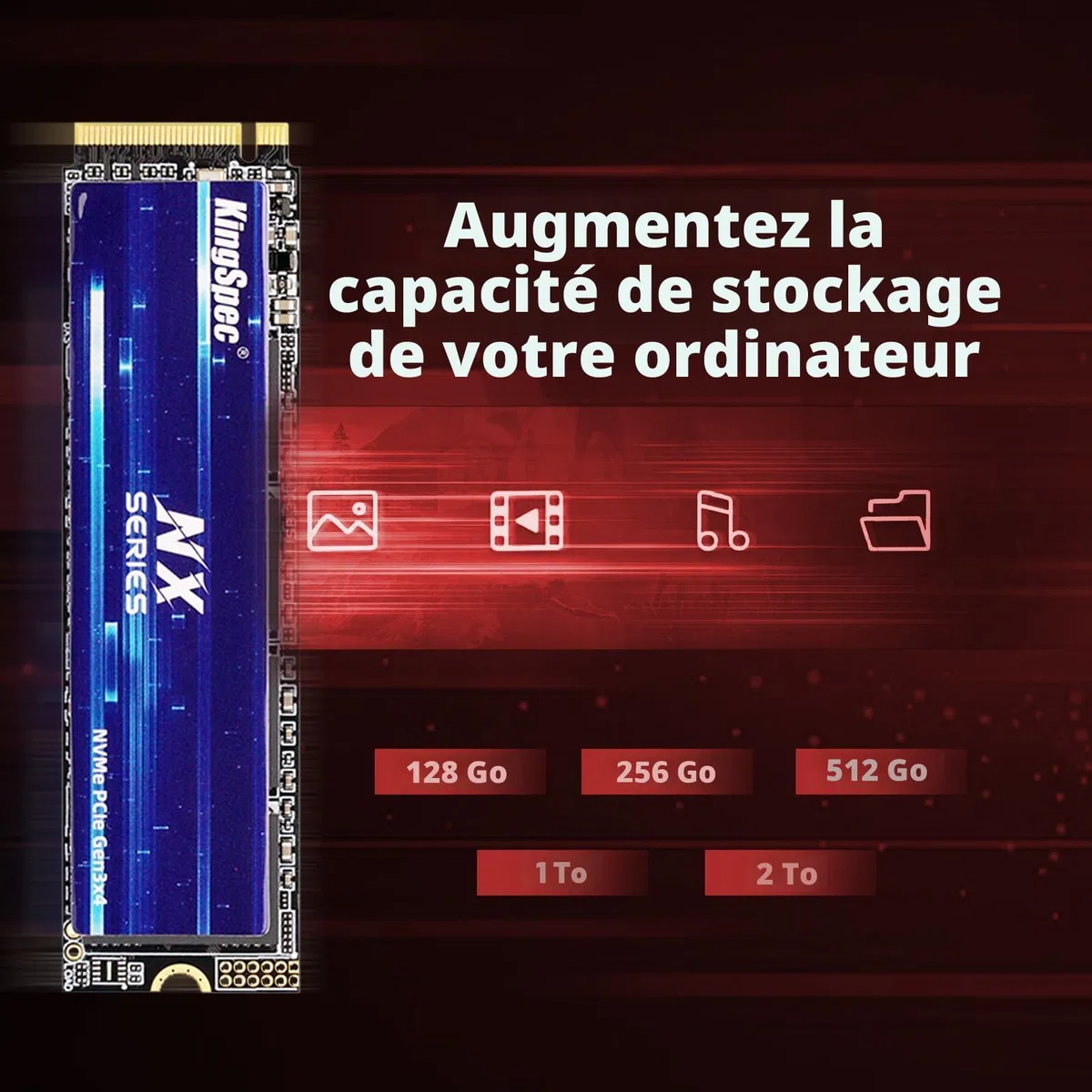 KingSpec 1To SSD M.2 NVMe 2280, PCIe Gen 3x4 NVMe SSD, Jusqu'à 3500 Mo/s, 3D NAND Flash Disque SSD Interne, pour Ordinateur de Bureau et Ordinateur Portable
