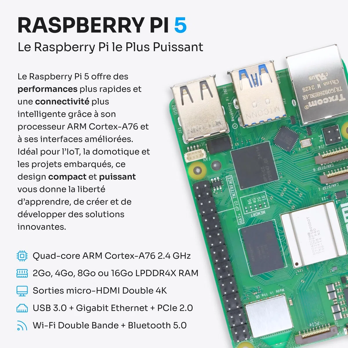 Starter Kit pour Raspberry Pi 5 2 Go - Édition Serveur | Carte MicroSD 32 Go | Alimentation 27 W | Active Cooler | Bumper en Silicone