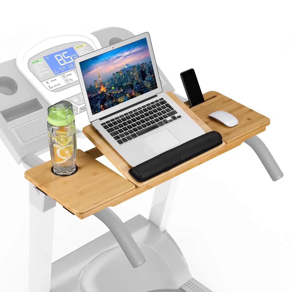 Relaxdays Support Ordinateur pour Tapis de Course, Sangles de sécurité, Repose-Ordinateur pour Boissons, Bambou, Naturel