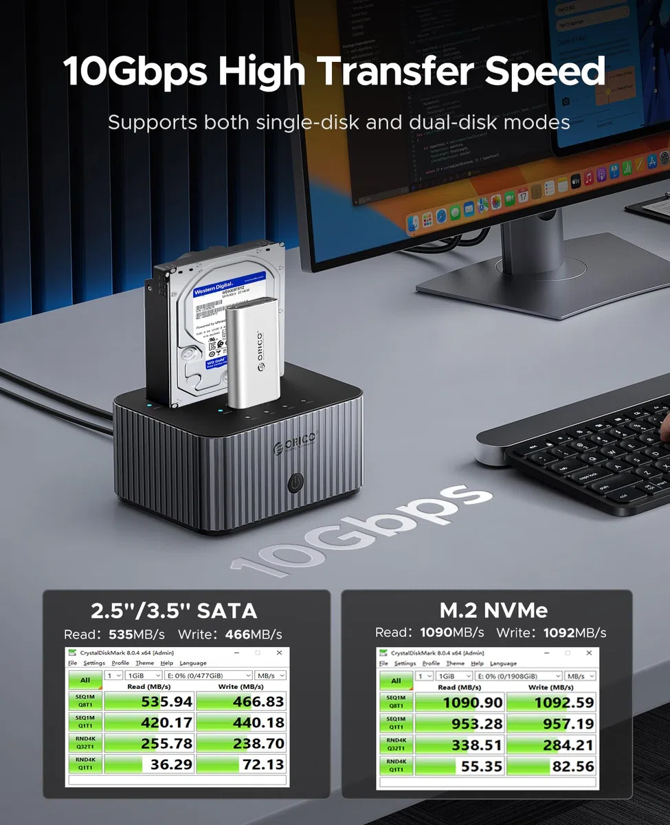 ORICO 10Gbps Station d'accueil pour Disque Dur SATA 2,5"/3,5" Pouces et M.2 NVMe SSD avec clonage Hors Ligne, avec Boîtier à Dissipateur Thermique en Aluminium (IT28E-C)