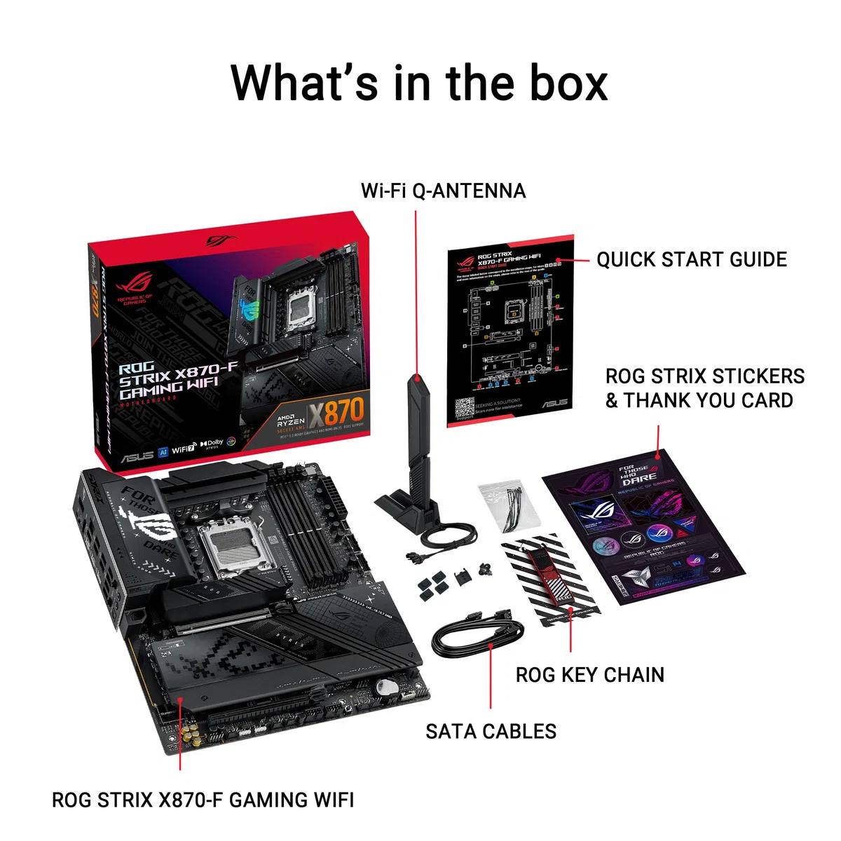 ASUS ROG Strix X870-F Gaming WiFi – Carte mère Gaming AMD Ryzen AM5 X870 ATX (DDR5, 16+2+2 DrMOS, 4 x M.2, PCIe 5.0, WiFi 7, USB4 Type-C, USB 10G avec PD 3.0 jusqu'à 30W, Aura Sync RGB)