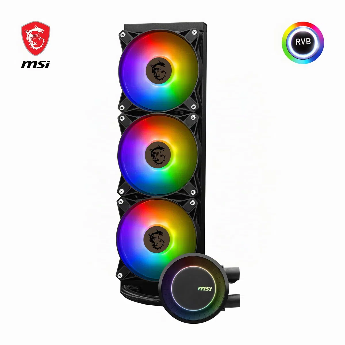 MSI MAG CORELIQUID E360 Kit Watercooling CPU, Plaque Froide en Cuivre Agrandie, Tête Waterblock ARGB & Ventilateurs FDB, Double Chambre, Radiateur Split-Flow, Mystic Light, Compatible AMD & Intel
