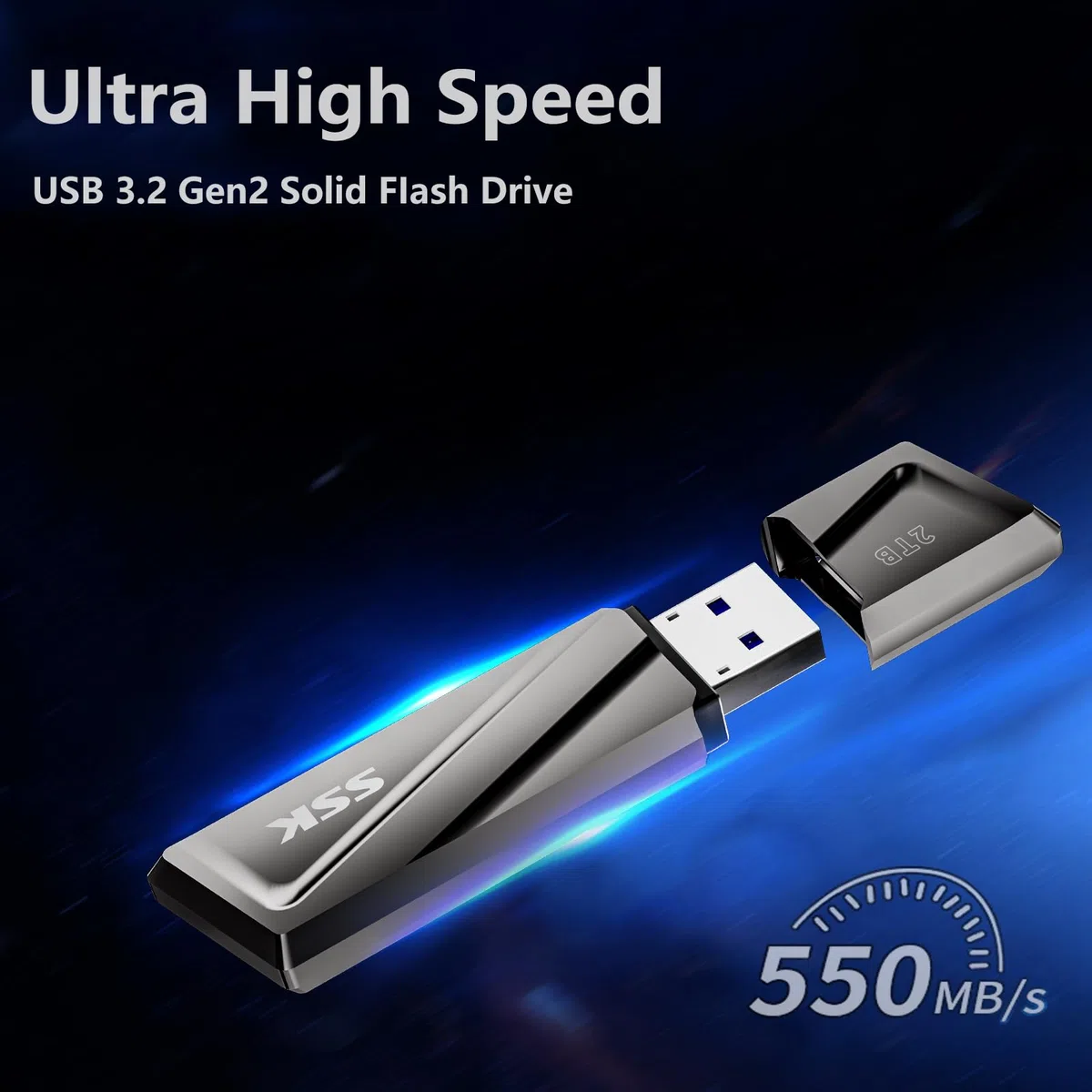 SSK SSD USB3.2 Gen2 de 2 to, jusqu'à 550 Mo/s en Lecture et 500 Mo/s en écriture Disque SSD Externe Portable + Adaptateur USB C pour Smartphone, Ordinateur Portable, tablettes et Plus Encore